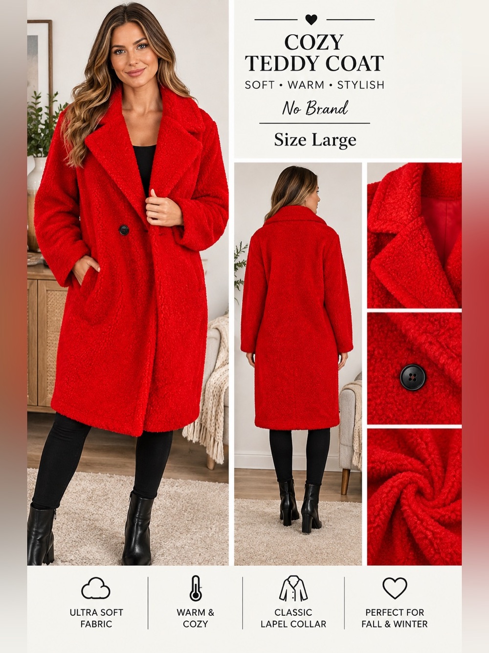 NWT Cozy Red Coat-long Size L-boho/hippy-retro